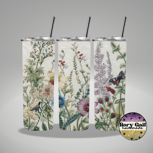Rory Gail Handmade Tumblers Faux Embroidery Floral 20oz Tumbler