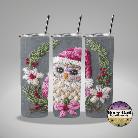 Rory Gail Handmade Tumblers Faux Embroidery Santa Owl 20oz Tumbler