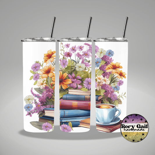 Rory Gail Handmade Tumblers Floral Books and Coffee/Tea 20oz Tumbler