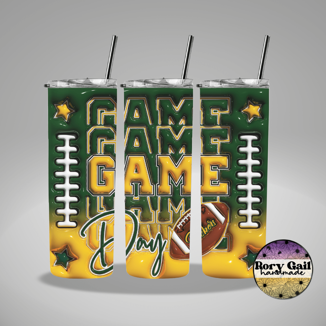Rory Gail Handmade Tumblers Green/Yellow Football Game Day 3D Inflated 20oz Tumblers