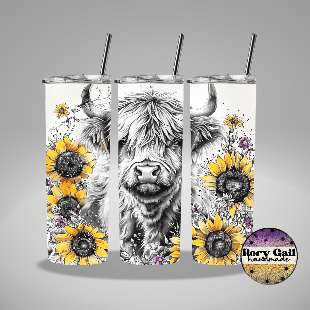 Rory Gail Handmade Tumblers Highland Cow Sunflowers 20oz Tumbler