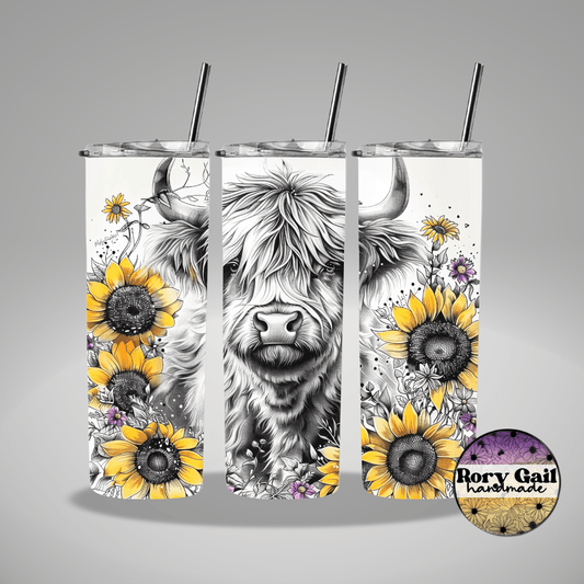 Rory Gail Handmade Tumblers Highland Cow Sunflowers 20oz Tumbler