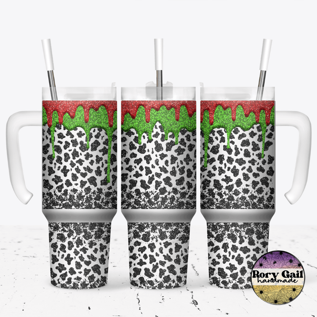 Rory Gail Handmade Tumblers Holiday Glitter Cow Print 30oz Grippy Tumbler