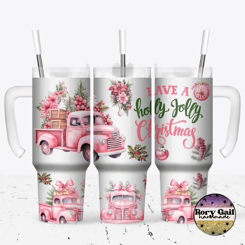 Rory Gail Handmade Tumblers Holly Jolly Pink Truck 30oz Grippy Tumbler