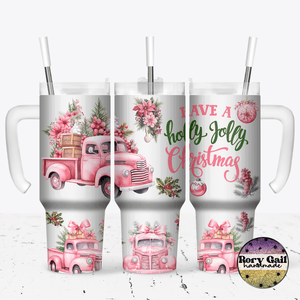 Rory Gail Handmade Tumblers Holly Jolly Pink Truck 30oz Grippy Tumbler