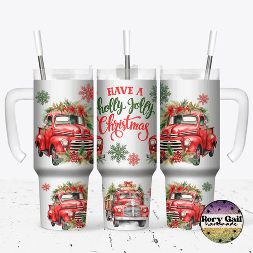 Rory Gail Handmade Tumblers Holly Jolly Red Truck 30oz Grippy Tumbler