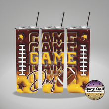 Load image into Gallery viewer, Rory Gail Handmade Tumblers Maroon/Yellow Gold Football Game Day 3D Inflated 20oz Tumblers
