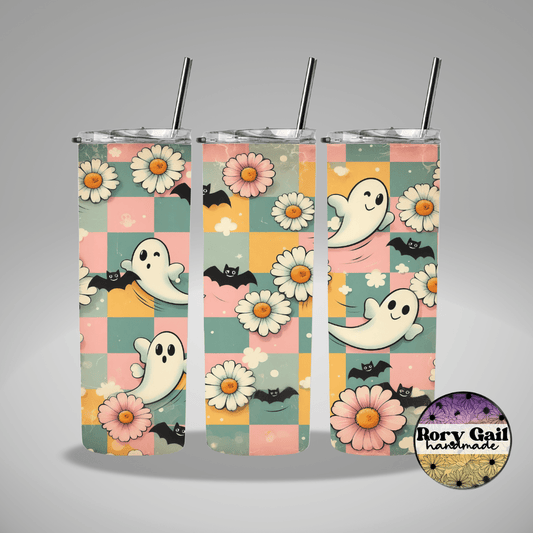 Rory Gail Handmade Tumblers Pastel Checkered Ghosts and Bats 20oz Tumbler