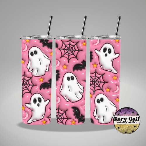 Rory Gail Handmade Tumblers Pink Background Ghosts Webs Bats 3D Inflated 20oz Tumbler