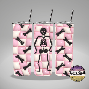 Rory Gail Handmade Tumblers Pink Checkerboard Skelly and Bones 3D Inflated 20oz Tumbler