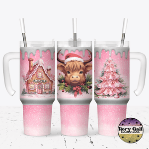 Rory Gail Handmade Tumblers Pink Christmas Cow 30oz Grippy Tumbler