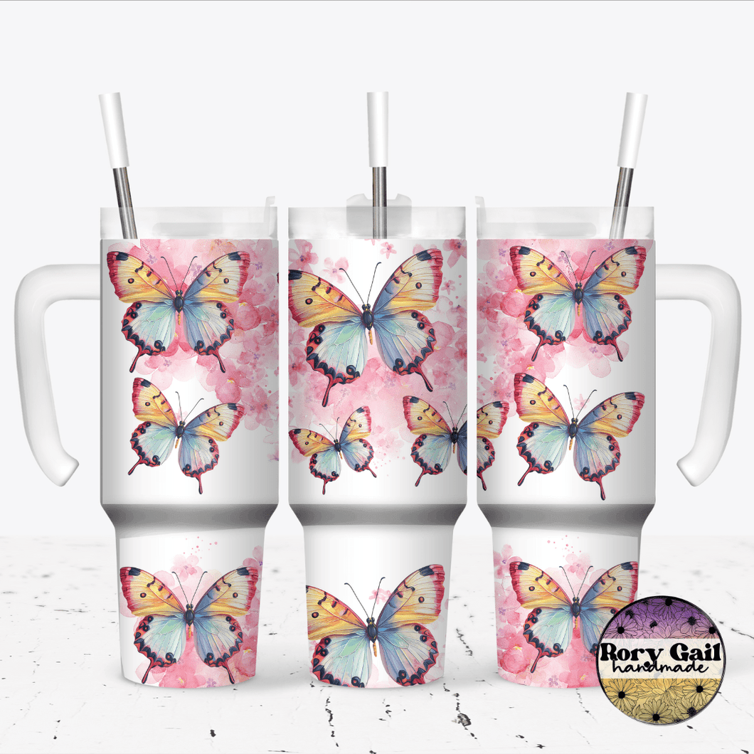 Rory Gail Handmade Tumblers Pink Watercolor Butterflies 30oz Grippy Tumbler