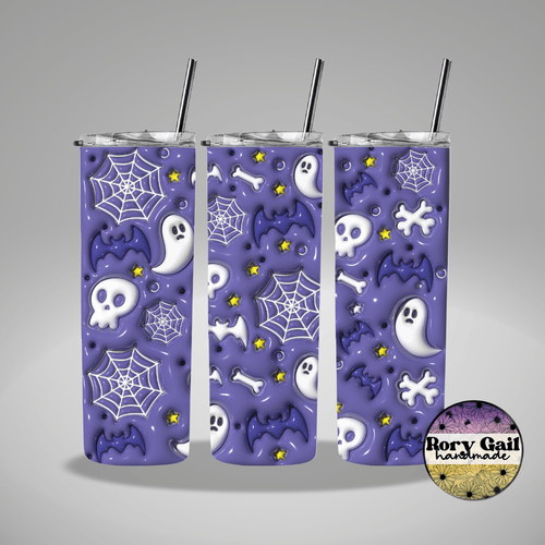 Rory Gail Handmade Tumblers Purple Bats Ghosts Webs Skulls 3D Inflated 20oz Tumbler