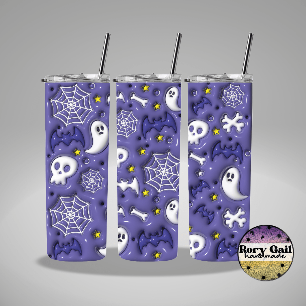 Rory Gail Handmade Tumblers Purple Bats Ghosts Webs Skulls 3D Inflated 20oz Tumbler