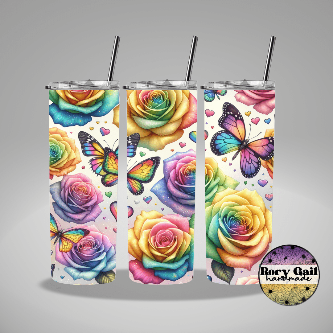 Rory Gail Handmade Tumblers Rainbow Roses and Butterflies 20oz Tumbler