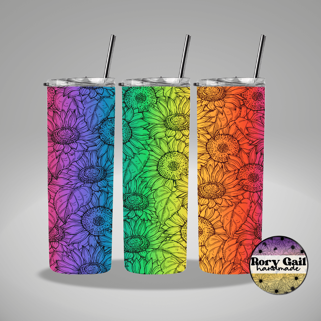 Rory Gail Handmade Tumblers Rainbow Sunflowers 20oz Tumbler
