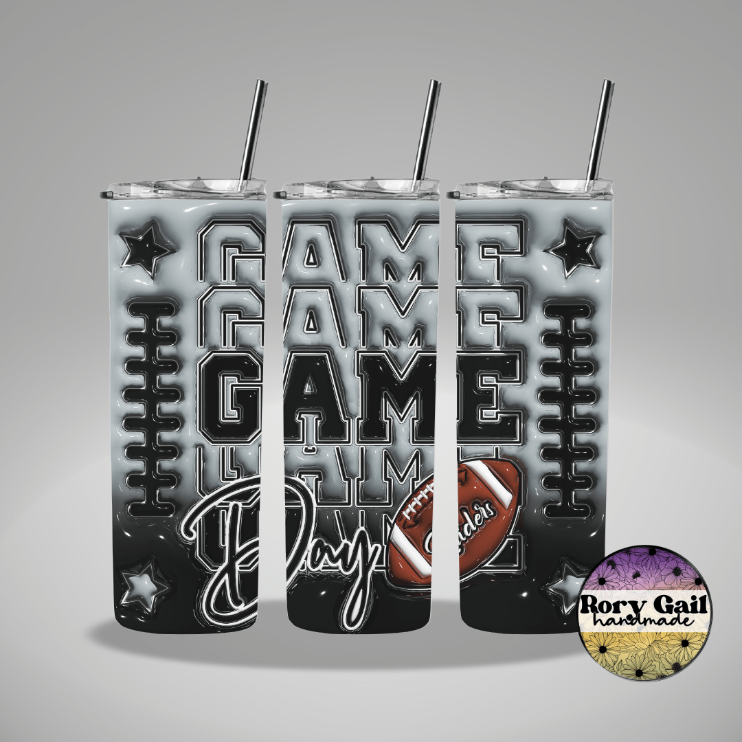 Rory Gail Handmade Tumblers Silver/Black Football Game Day 3D Inflated 20oz Tumblers
