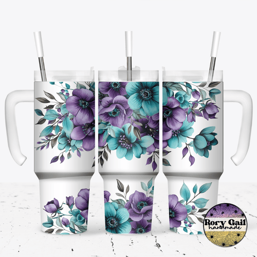 Rory Gail Handmade Tumblers Teal & Purple Florals 30oz Grippy Tumbler