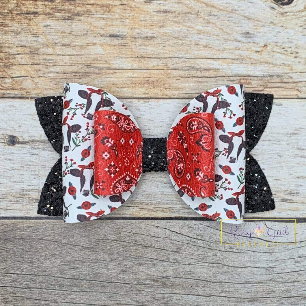 Rory Gail Handmade Bows Bandana Cow 4” Double Diva Bow