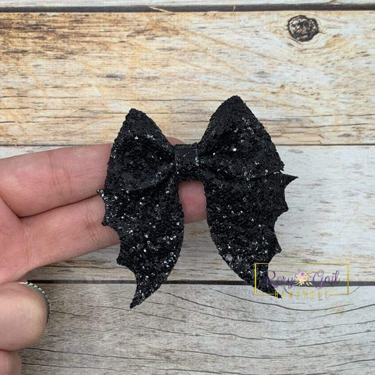Rory Gail Handmade Bows Black Glitter 2.5 inch Bat Bow