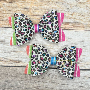 Rory Gail Handmade Bows Bright Leopard Glossy Faux Glitter 3” Double Diva Piggies