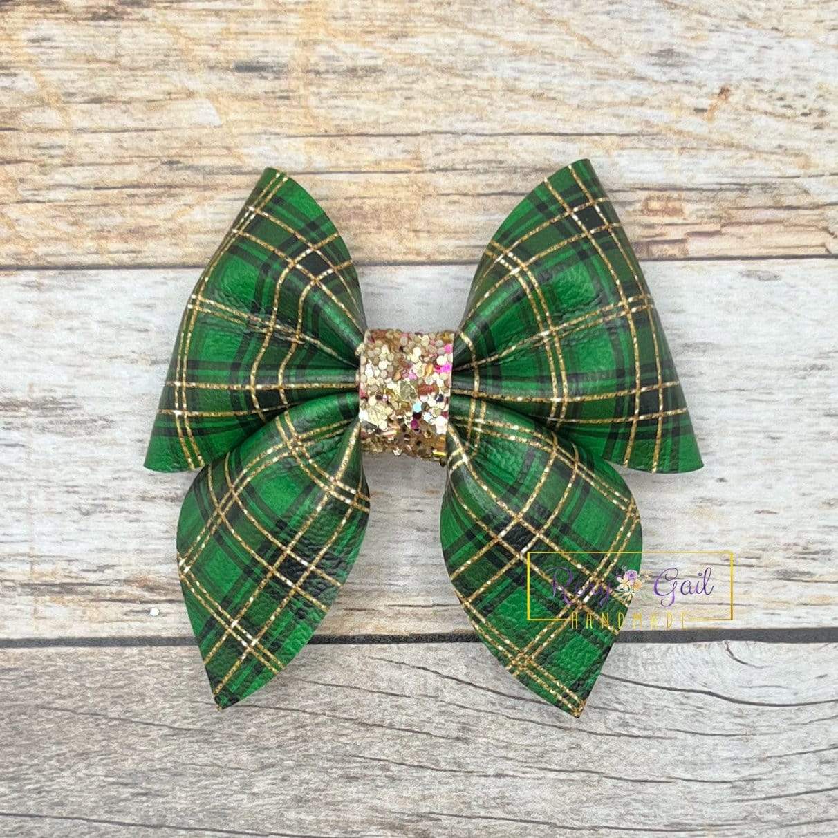Rory Gail Handmade Bows Green Glitter Plaid 3 inch Sailor Bow