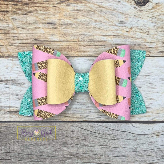 Rory Gail Handmade Bows Leopard Pencils 4” Double Diva Bow