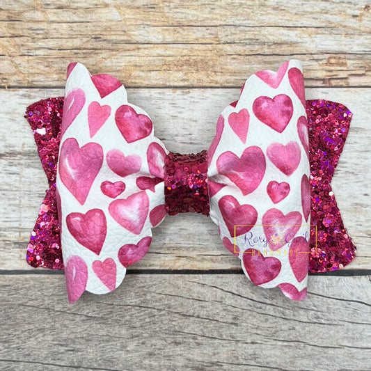 Rory Gail Handmade Bows Pink Watercolor Hearts 3.5 inch Scalloped Pinch Bow