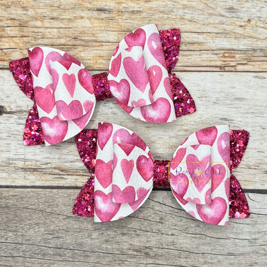 Rory Gail Handmade Bows Pink Watercolor Hearts 3” Double Diva Pigtail Hair Bows