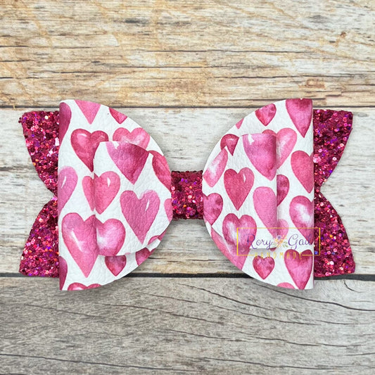 Rory Gail Handmade Bows Pink Watercolor Hearts 4” Double Diva Bow