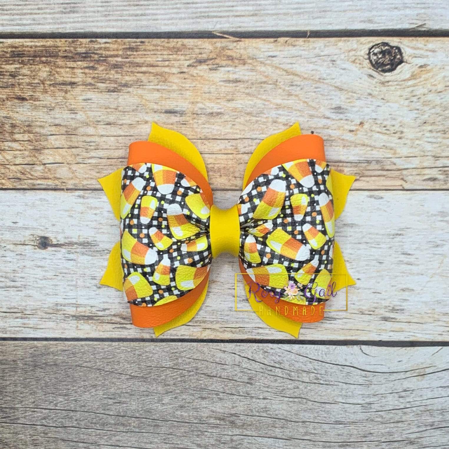 Rory Gail Handmade Bows Plaid Candy Corn 3.5 inch Phoebe Pinch Bow