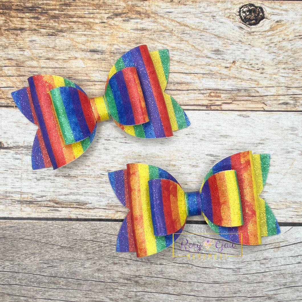 Rory Gail Handmade Bows Rainbow Stripes Faux Glitter 3” Double Diva Piggies NEW STYLE