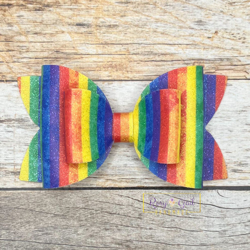 Rory Gail Handmade Bows Rainbow Stripes Faux Glitter 4” Double Diva Bow