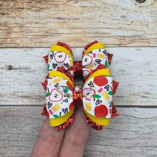 Rory Gail Handmade Bows Red Apples and Pencils 2.5 inch Phoebe Piggies