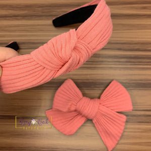 Rory Gail Handmade Bows Rib Knit Top Knot Headband and Bow - Coral