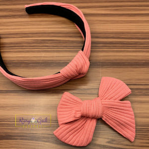 Rory Gail Handmade Bows Rib Knit Top Knot Headband and Bow - Coral