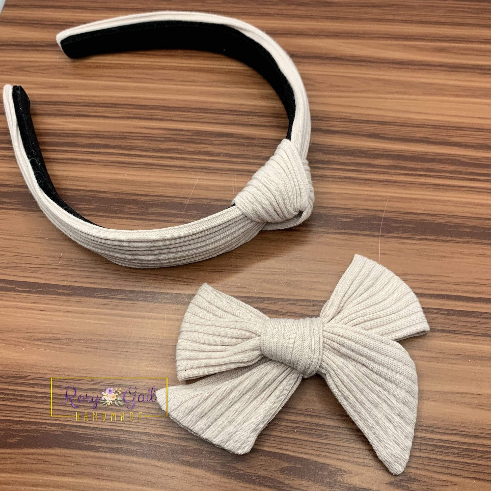 Rory Gail Handmade Bows Rib Knit Top Knot Headband and Bow - Grey