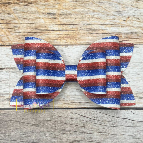 Rory Gail Handmade Bows RWB Stripes Glossy Faux Glitter 4” Double Diva Bow