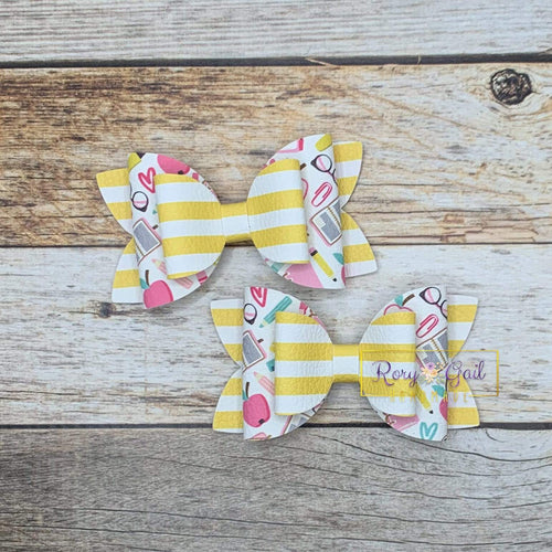 Rory Gail Handmade Bows School Supplies and Yellow Stripes 3” Double Diva Piggies NEW STYLE