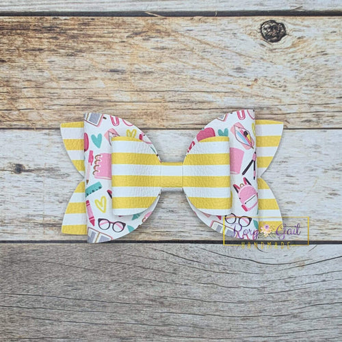 Rory Gail Handmade Bows School Supplies and Yellow Stripes 4” Double Diva Bow