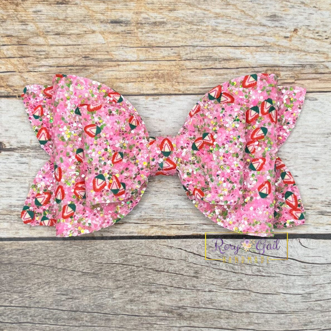 Rory Gail Handmade Bows Strawberry Glitter 4” Double Diva Bow