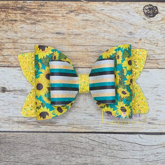 Rory Gail Handmade Bows Sunflower Stripes  4” Double Diva Bow
