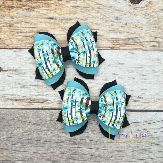 Rory Gail Handmade Bows Teal Flowers with Stripes 2.5 inch Phoebe Piggies