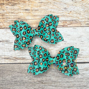 Rory Gail Handmade Bows Teal Glitter Leopard 3” Double Diva Piggies NEW STYLE