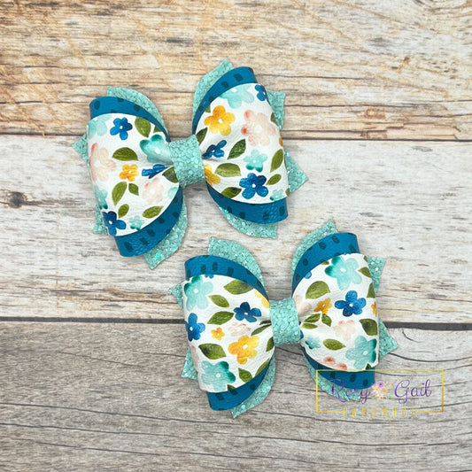 Rory Gail Handmade Bows Teal, Mustard, and Peach Florals 2.5 inch Phoebe Piggies