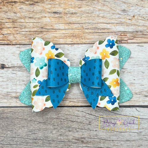 Rory Gail Handmade Bows Teal, Mustard, and Peach Florals 3.5 inch Magnolia Bow