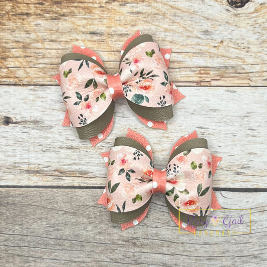 Rory Gail Handmade Bows White and Peach Watercolor Floral 2.5 inch Phoebe Piggies