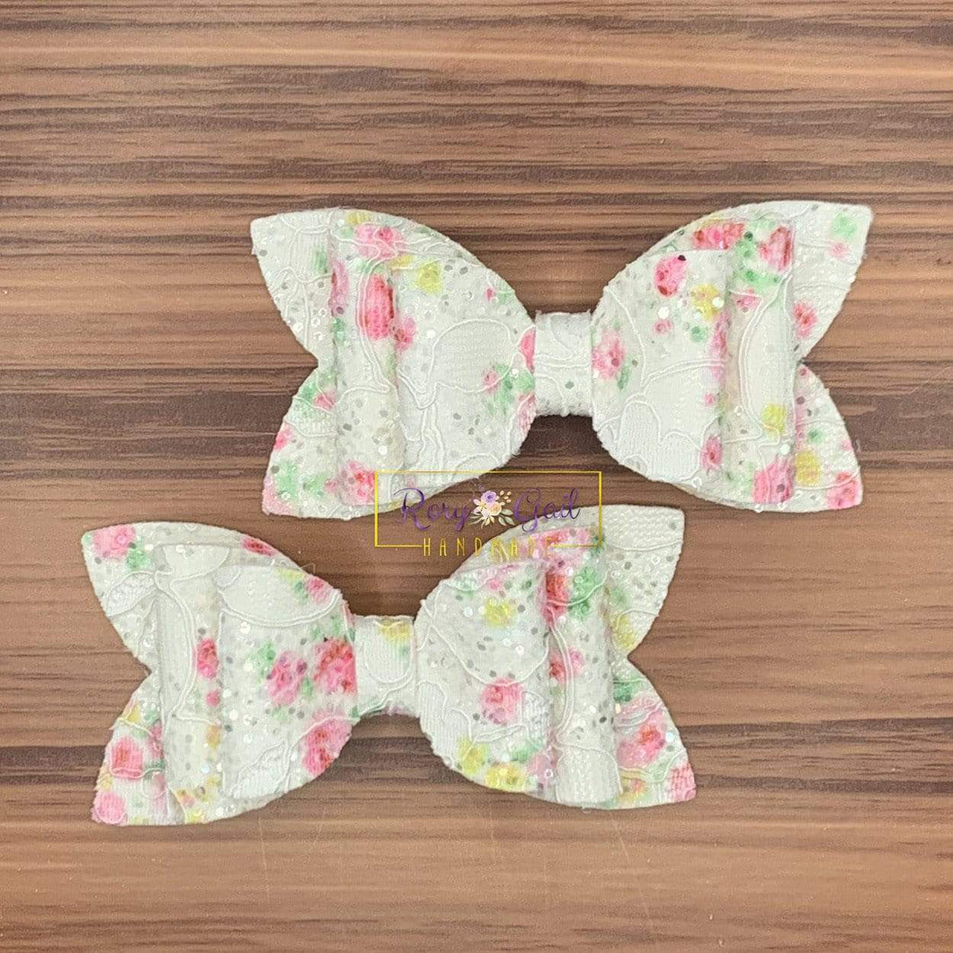 Rory Gail Handmade Bows White Floral Lace 3” Double Diva Piggies