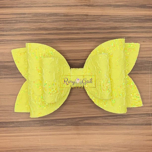 Rory Gail Handmade Bows Yellow Glitter Lace 4” Double Diva Bow