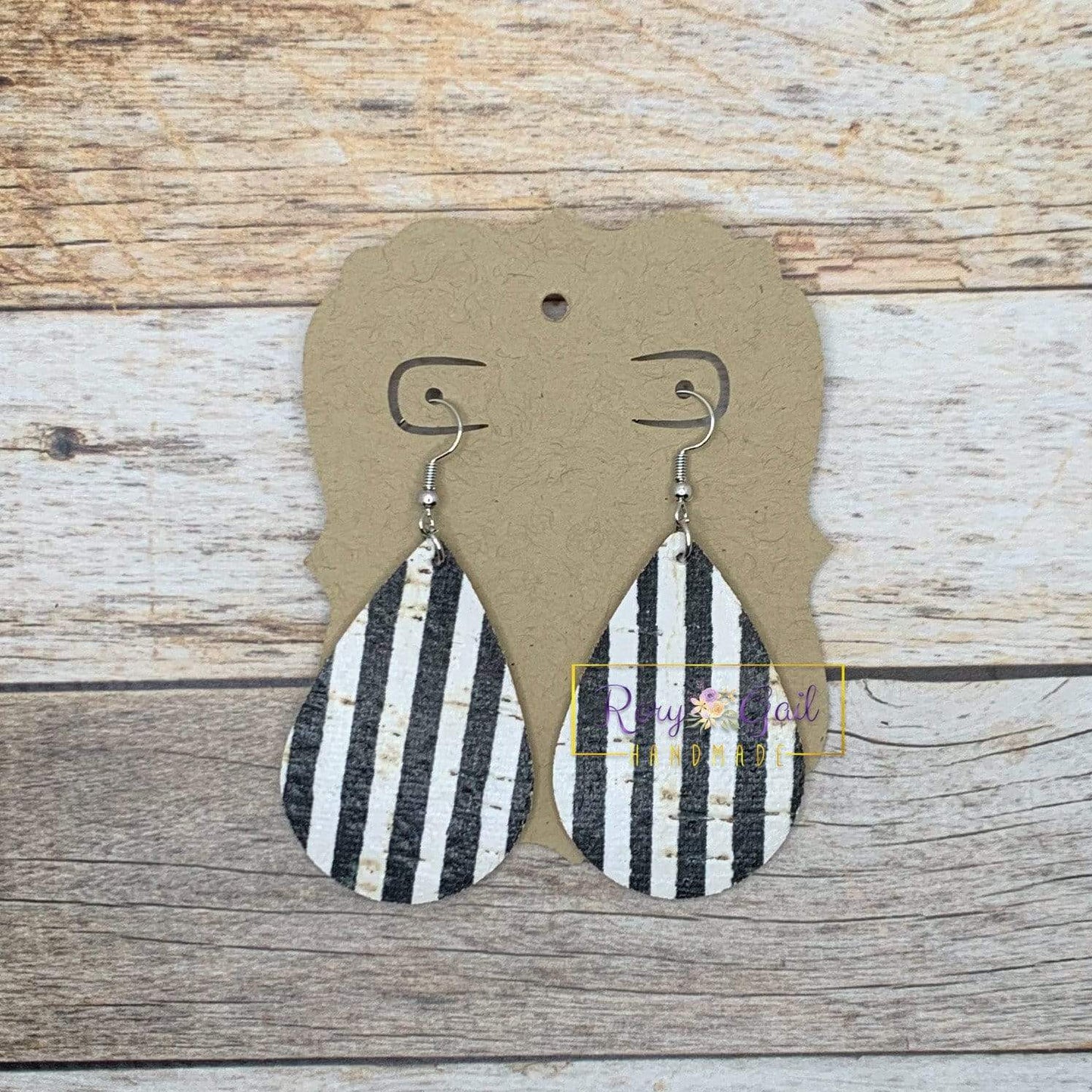 Rory Gail Handmade Earrings Black and White Stripes Halloween 2 inch Teardrop Earrings